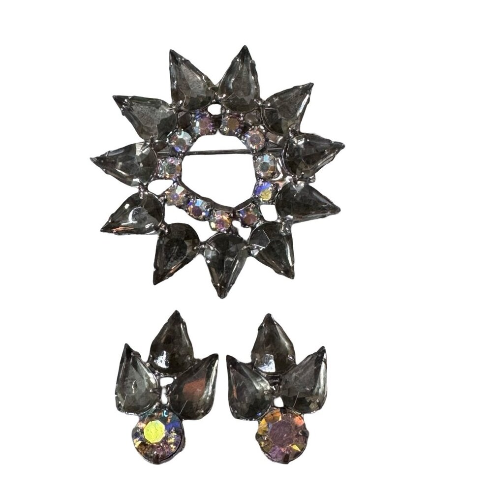 Vintage Smoky Topaz Statement Rhinestone Starburst Brooch & Clip-On Earrings Set